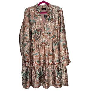 Meritt Dress Womens 2X Pink Satin Floral Paisley Tiered Long Sleeve Mini New